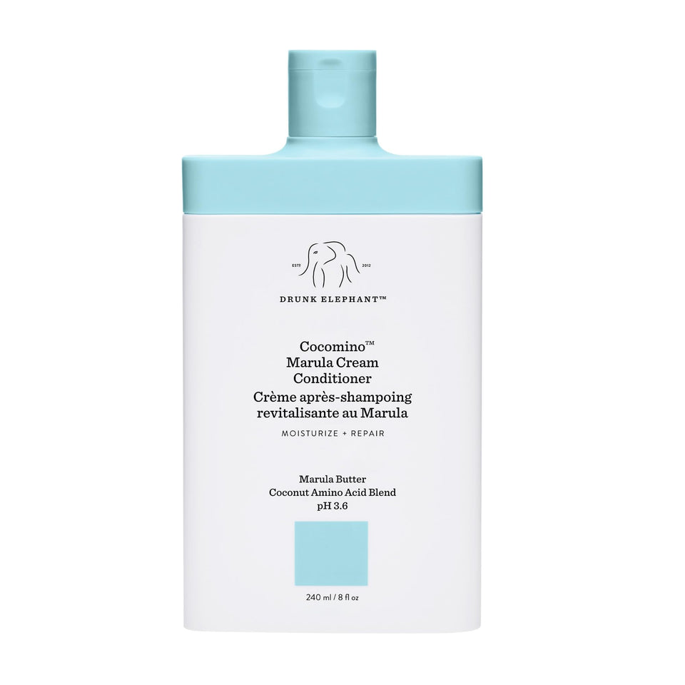 Drunk Elephant Cocomino Marula Cream Conditioner bottle highlights color-safe hydration.