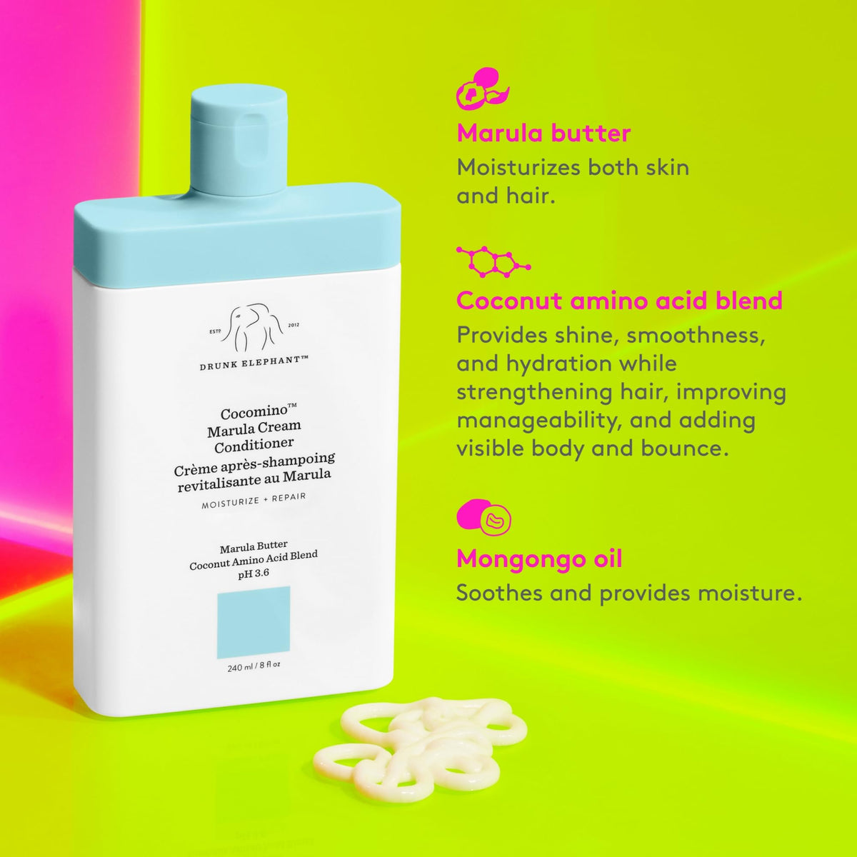 Drunk Elephant Cocomino Marula Cream Conditioner creamy texture ready to glide through hair.
