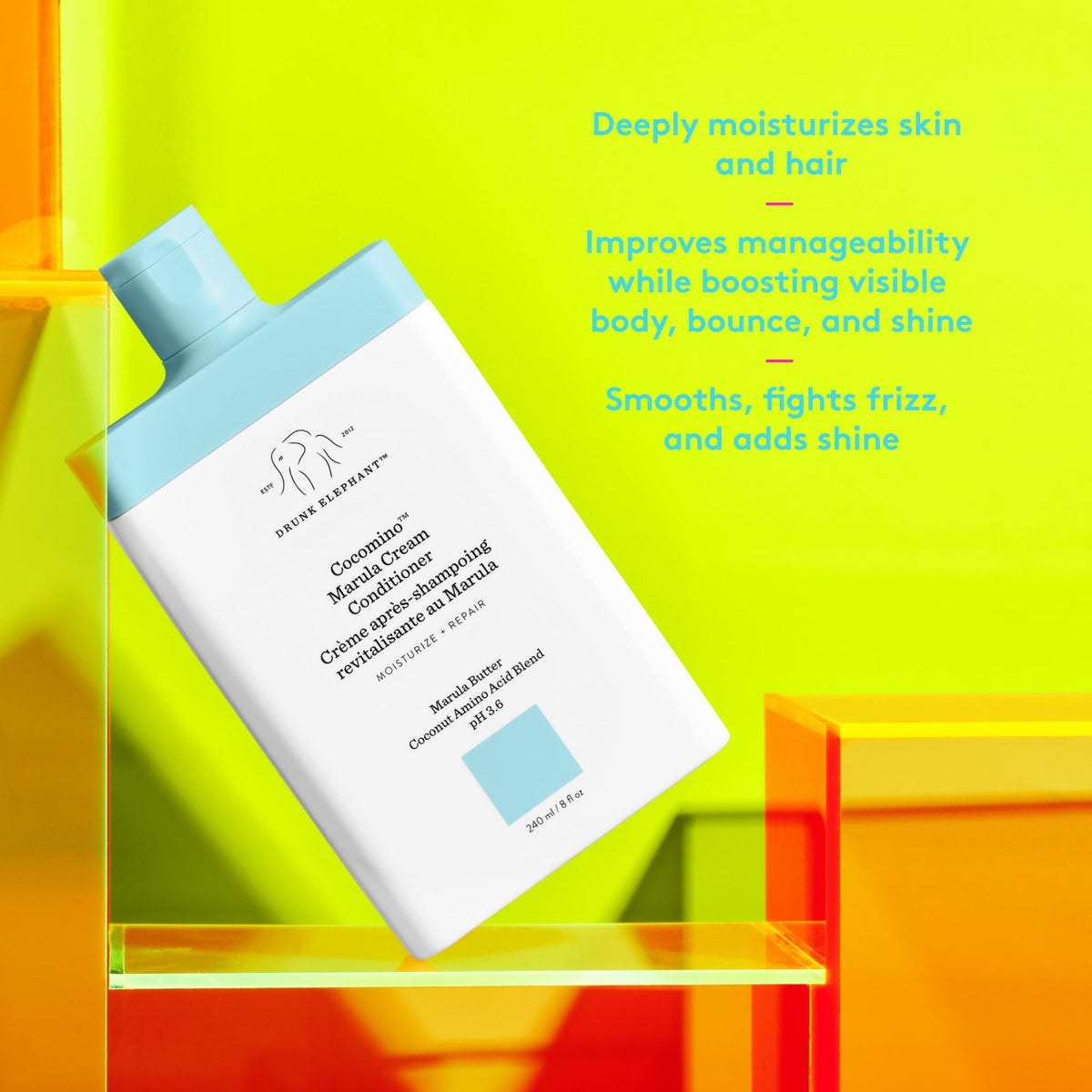 Drunk Elephant Cocomino Marula Cream Conditioner label signals sulfate-free protection.