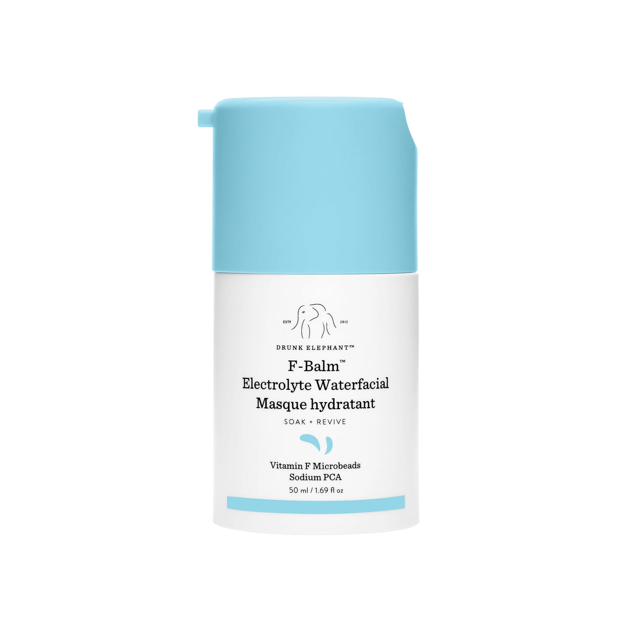Drunk Elephant F-Balm Electrolyte Waterfacial jar close-up showing hydration-boosting formula