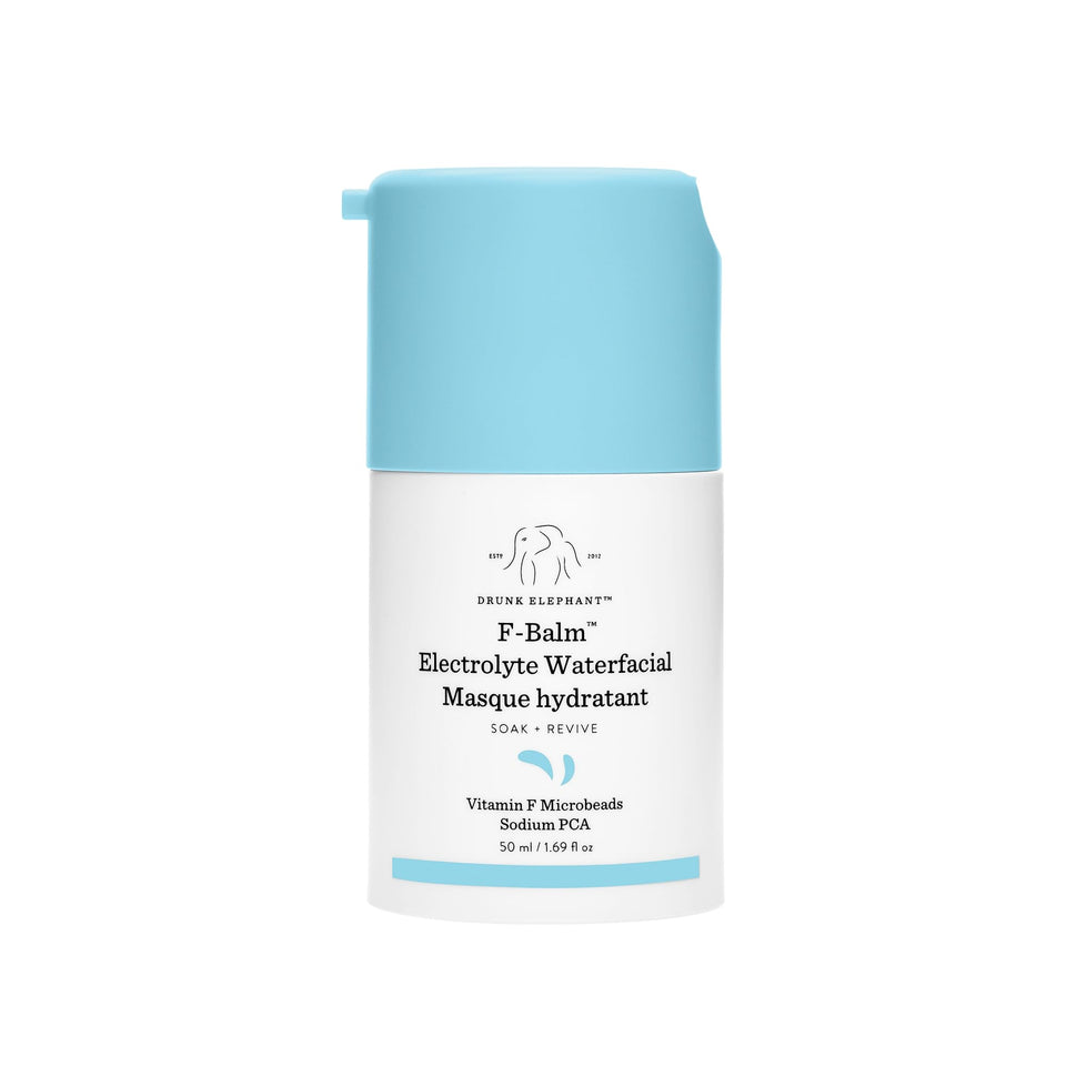 Drunk Elephant F-Balm Electrolyte Waterfacial jar close-up showing hydration-boosting formula