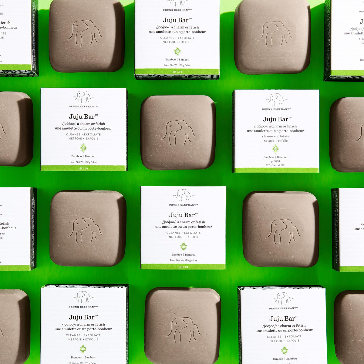 Drunk Elephant Juju Bar thermal-mud highlights pore-clearing minerals for a refreshed complexion.