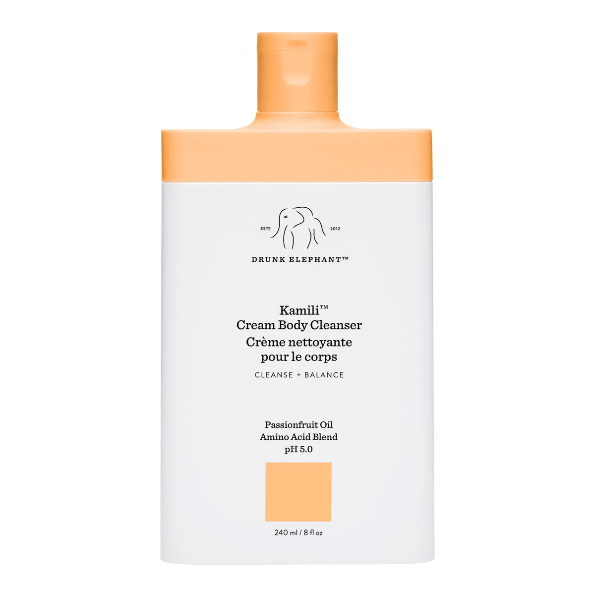 Drunk Elephant Kamili Cream Body Cleanser bottle close-up for gentle cleansing on sensitive skin