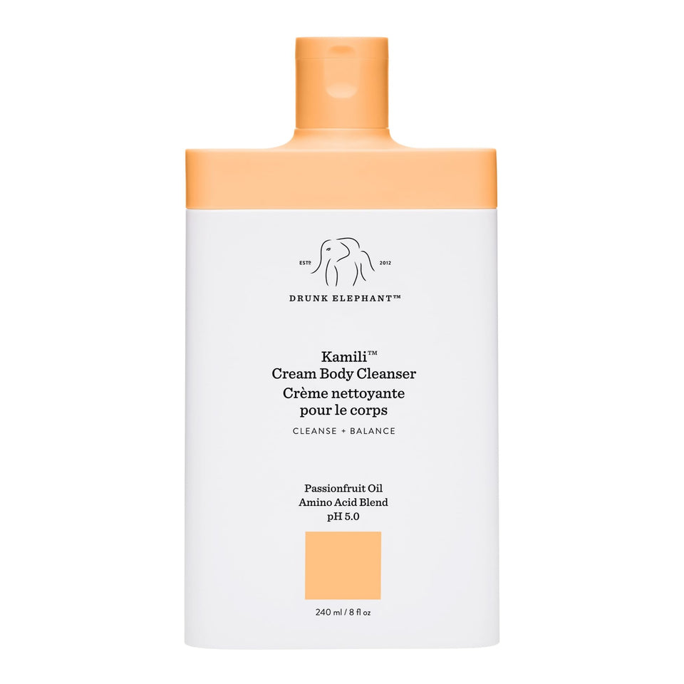 Drunk Elephant Kamili Cream Body Cleanser bottle close-up for gentle cleansing on sensitive skin