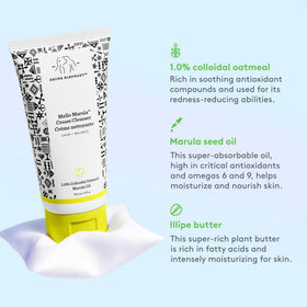 Drunk Elephant Mello Marula Cream Cleanser bottle on bathroom counter.