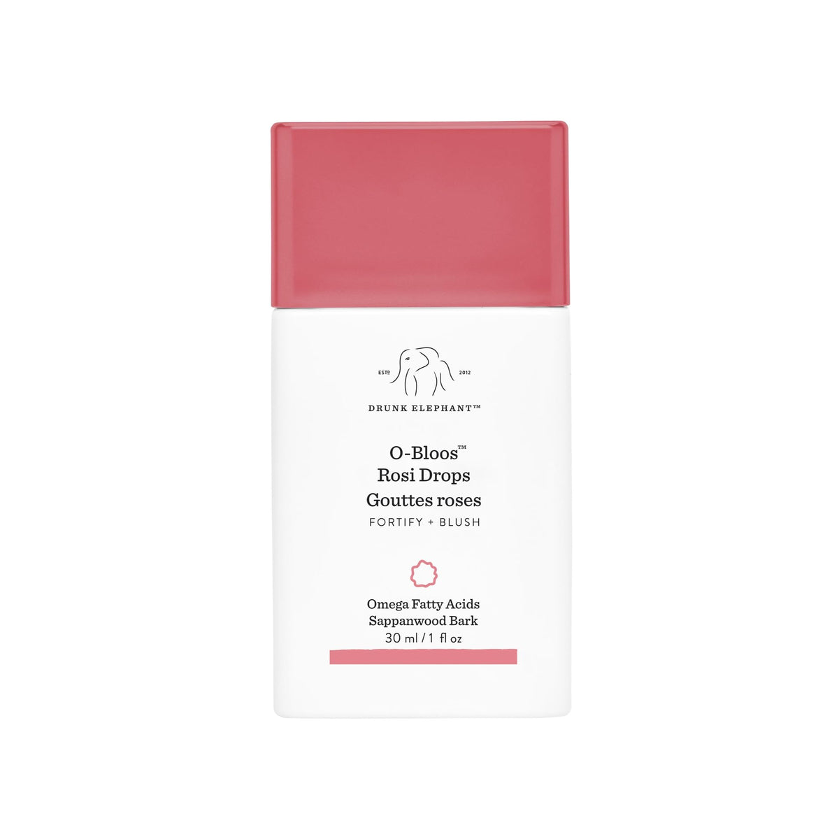 Drunk Elephant O-Bloos Rosi Drops bottle adds a rosy glow for a natural day look.