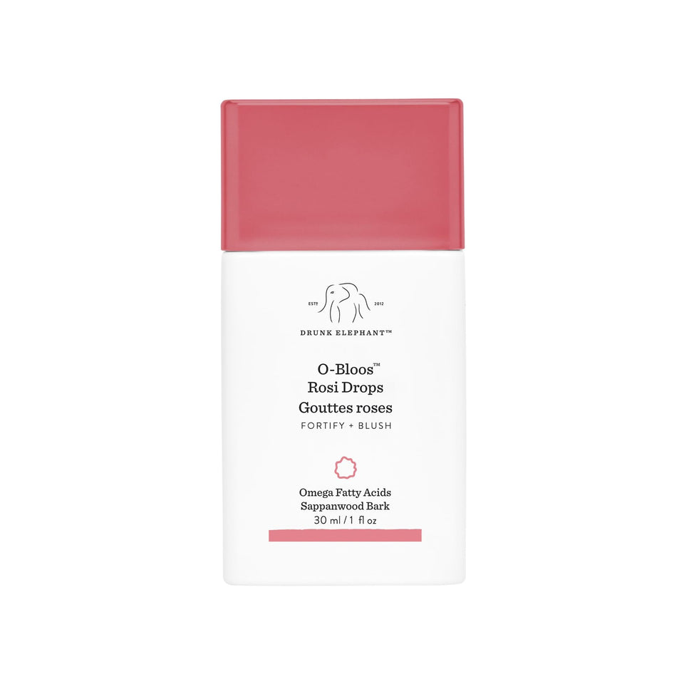 Drunk Elephant O-Bloos Rosi Drops bottle adds a rosy glow for a natural day look.