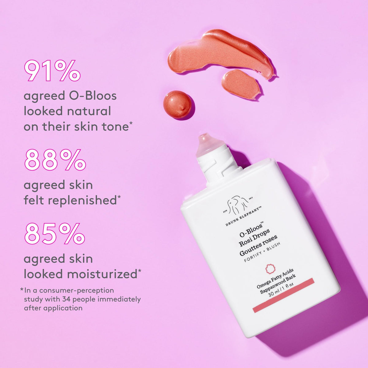 Drunk Elephant O-Bloos Rosi Drops rose-glow on cheeks for subtle color.