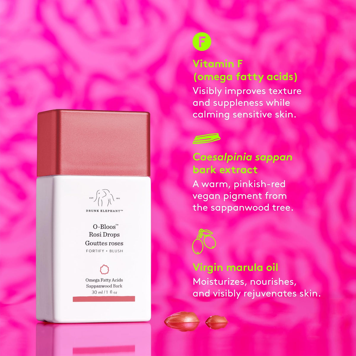 Drunk Elephant O-Bloos Rosi Drops texture shows quick absorption for a smooth finish.