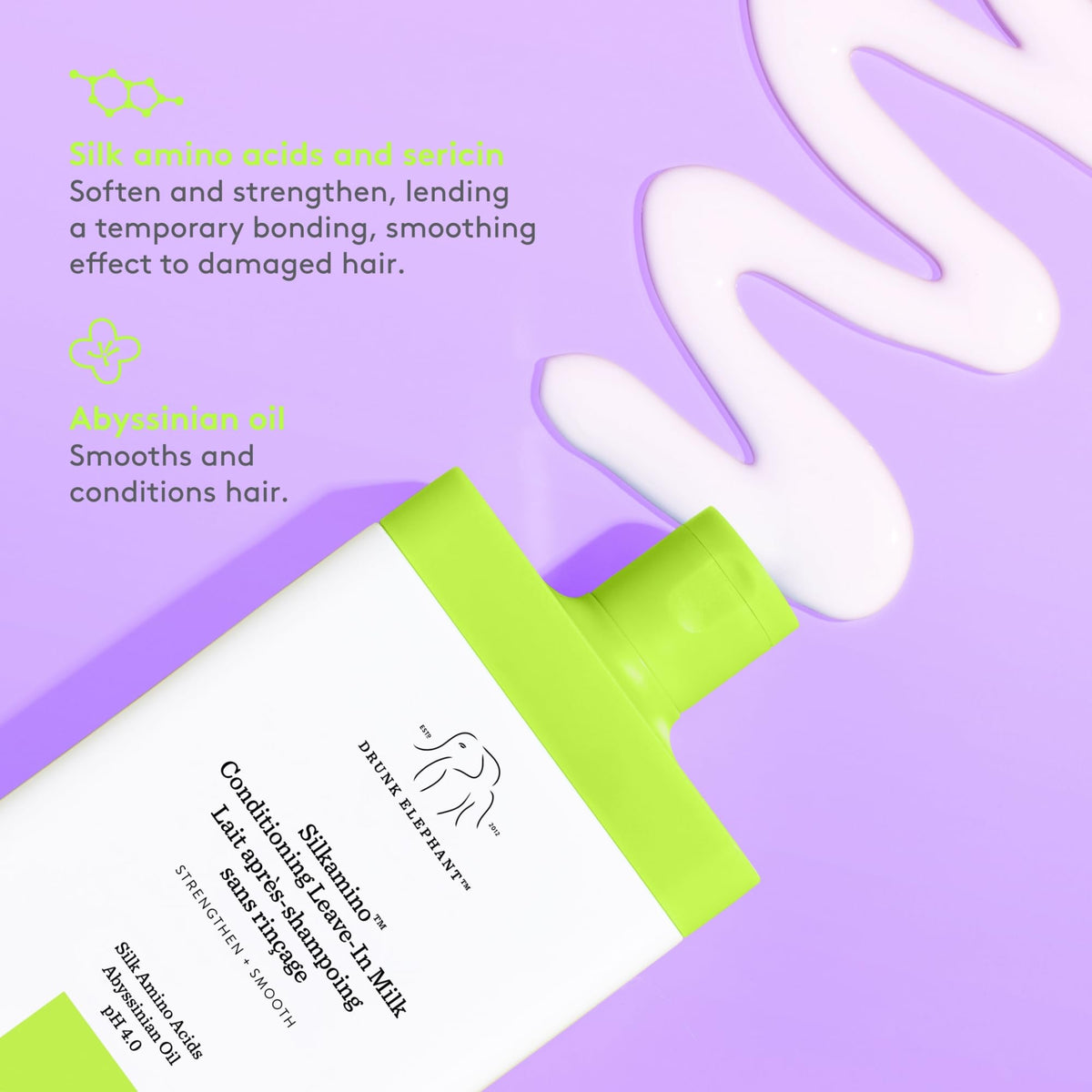 Drunk Elephant Silkamino label noting absence of essential oils, silicones, or SLS