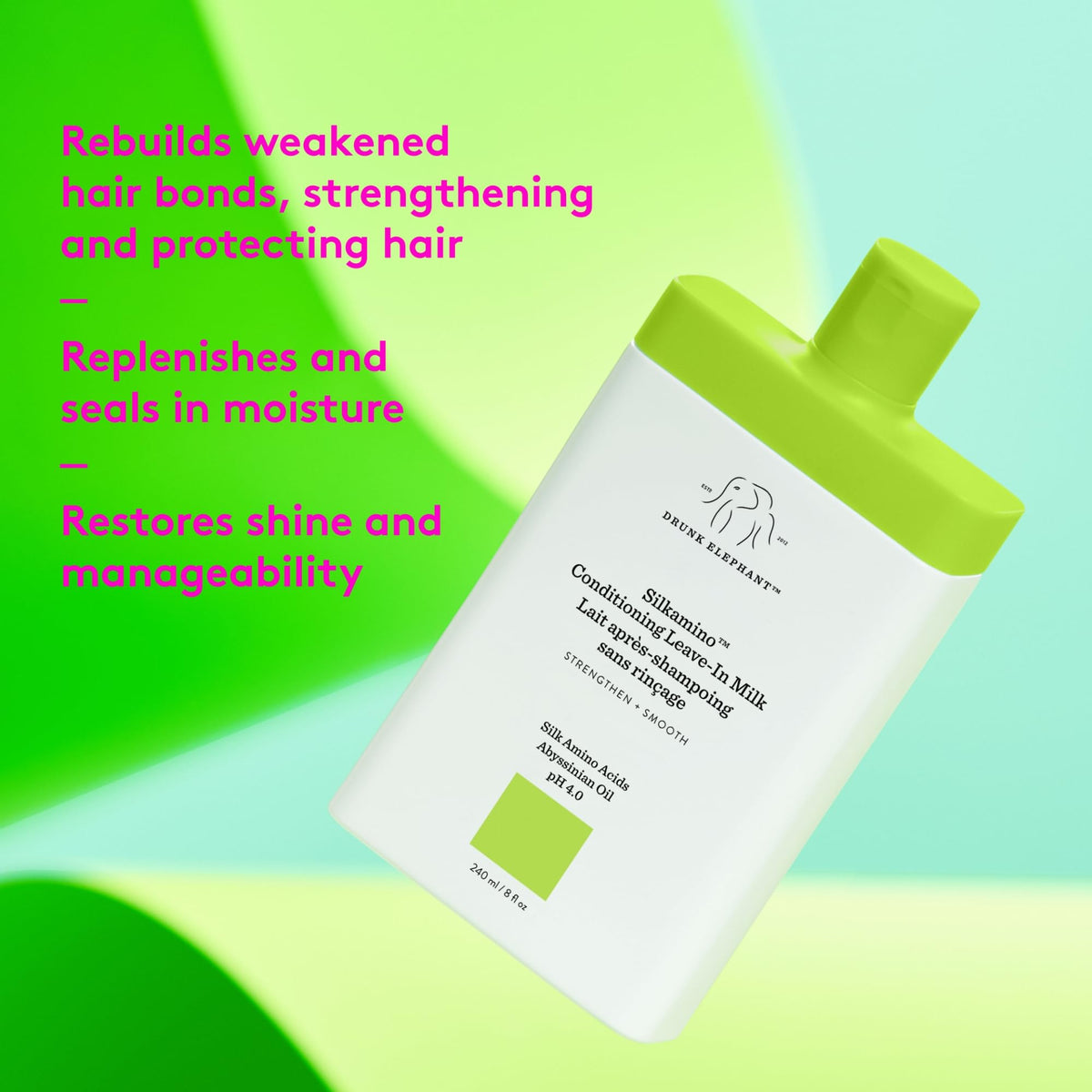 Silkamino bottle close-up highlighting silk amino acids for hair strength