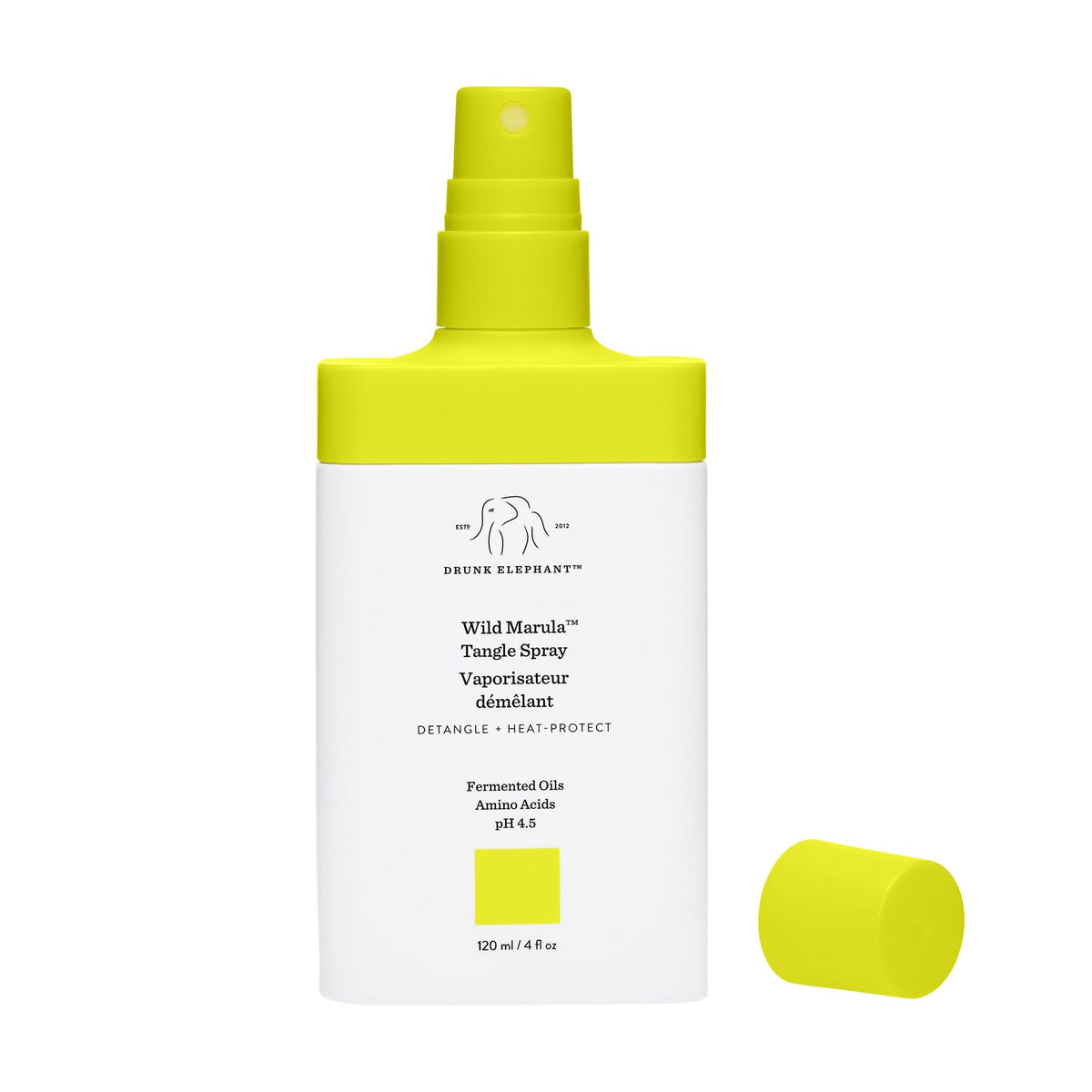 Drunk Elephant Wild Marula Tangle Spray close-up of ingredients supporting frizz control.