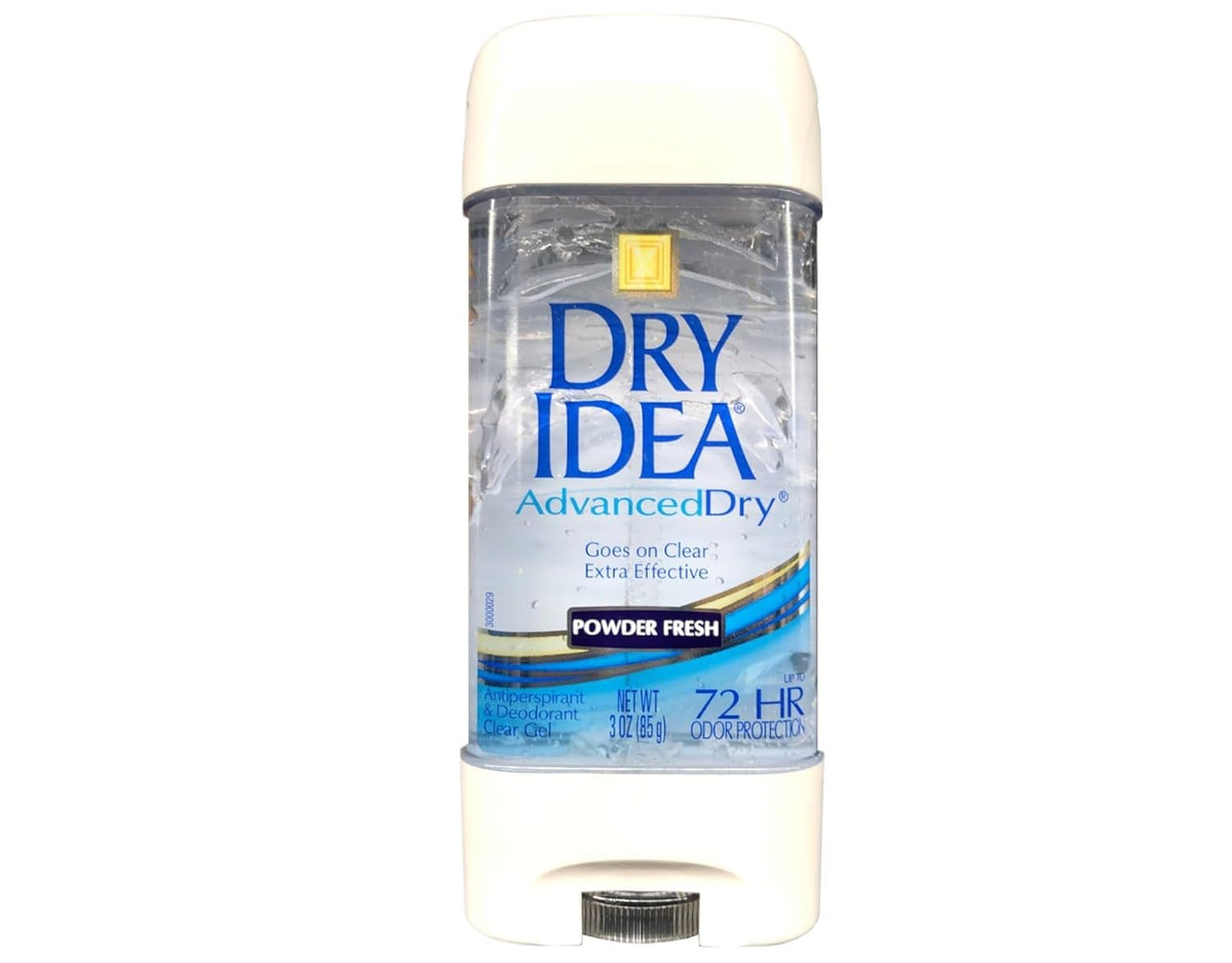 Dry Idea Advanced Dry Powder Fresh Gel bottle close-up showing a clear gel for no white marks.