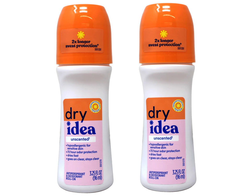 Dry Idea unscented roll-on bottle showing long-lasting freshness