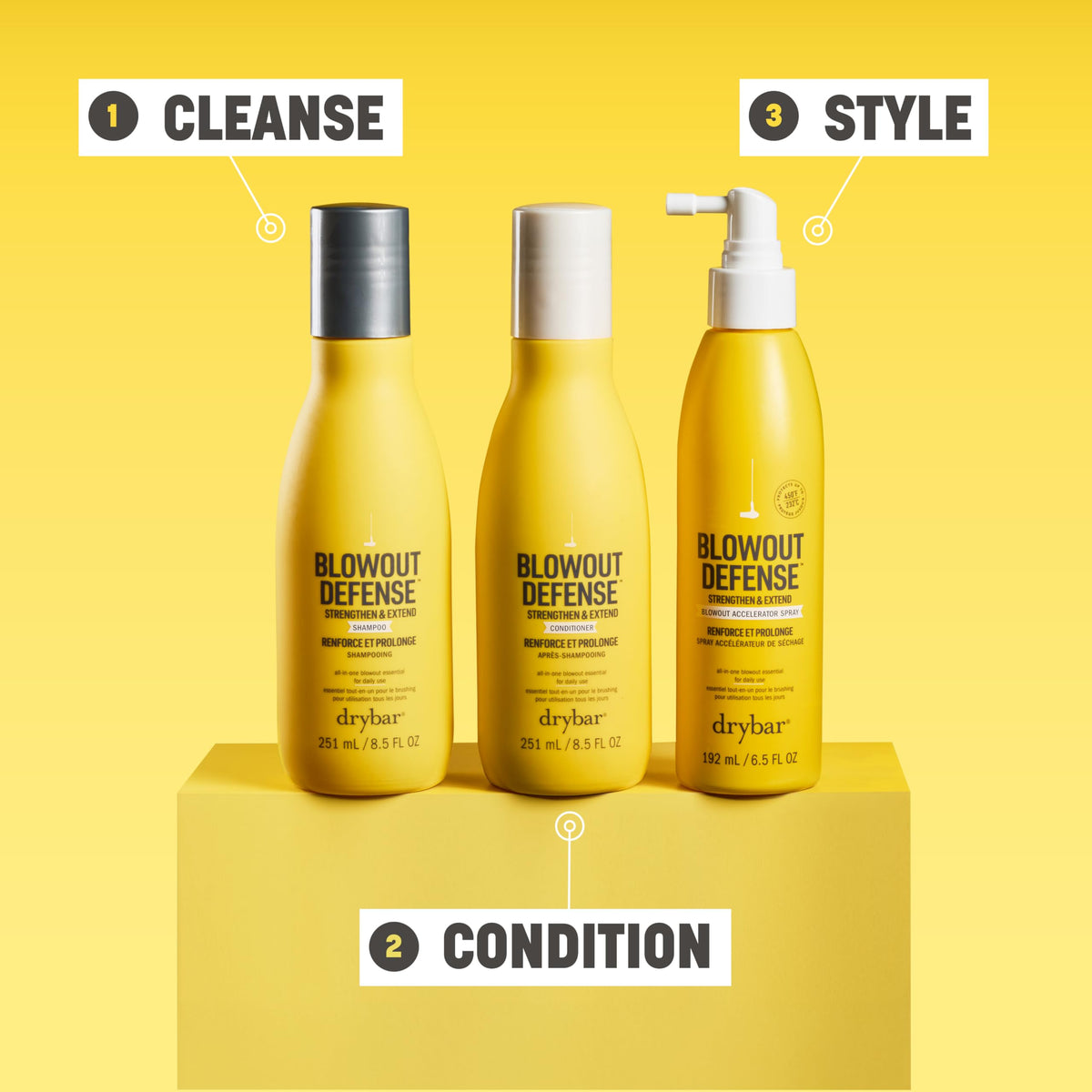 Drybar Blowout Defense Shampoo heat protection visual emphasizes styling durability.
