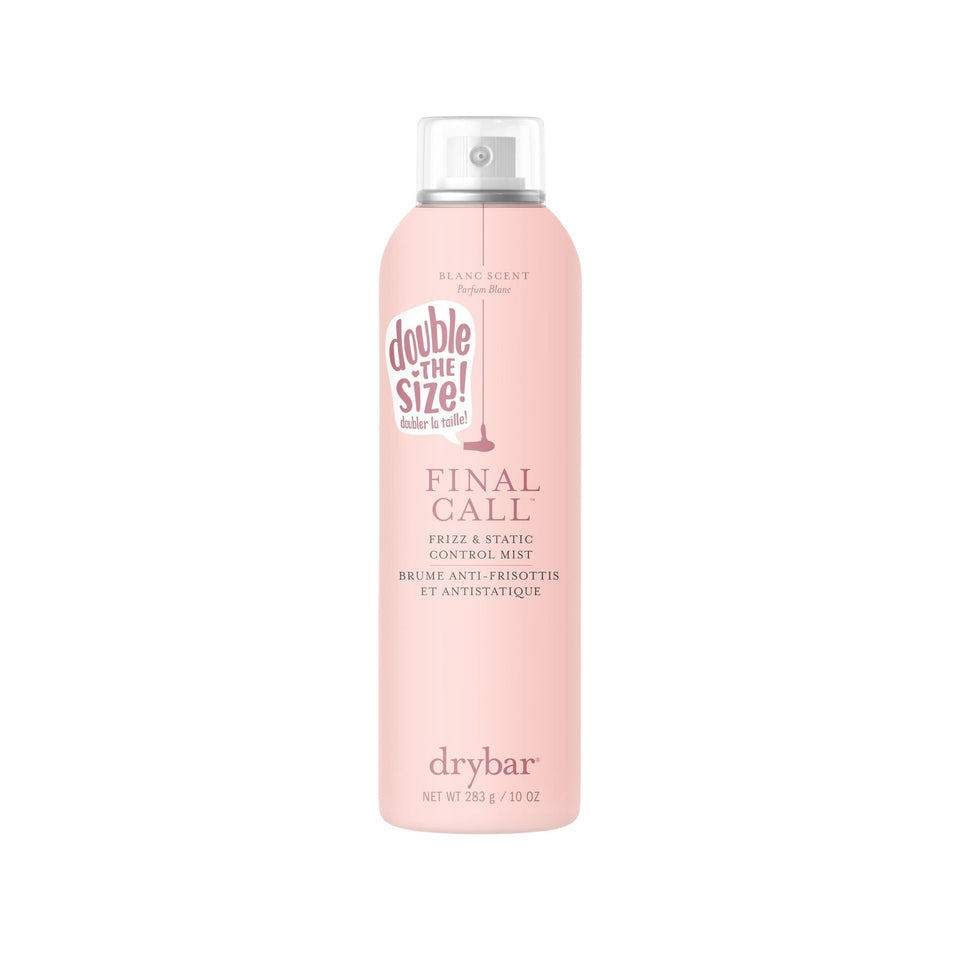 Drybar Final Call Frizz & Static Control Mist bottle with Blanc scent provides humidity defense for smooth blowouts.