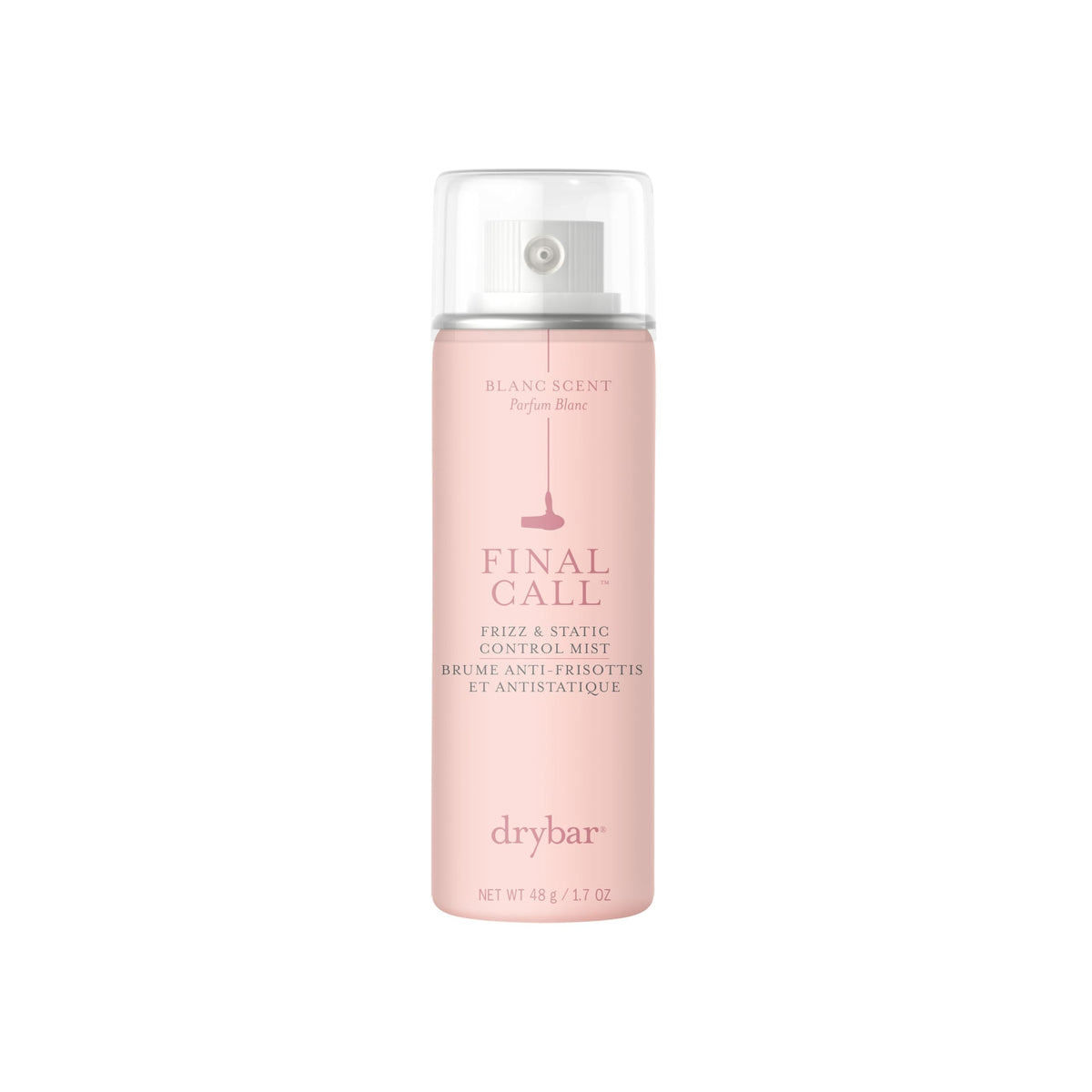 Drybar Final Call frizz mist bottle front showing travel-size packaging for easy frizz control