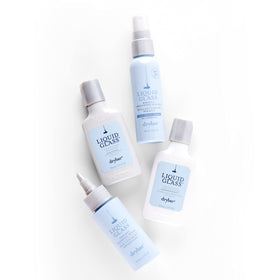 Usage steps of the Drybar Glossy Gang On-The-Go Kit in a compact bag.