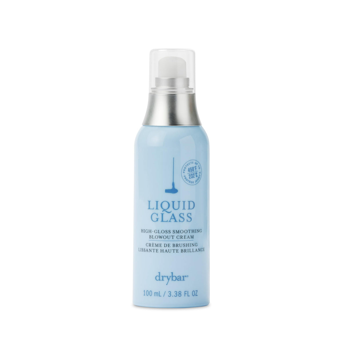 Drybar Liquid Glass bottle with pump delivering smoothing cream for frizz control.