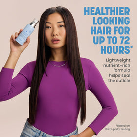 Close-up of Drybar Liquid Glass delivering frizz resistance and radiant shine.