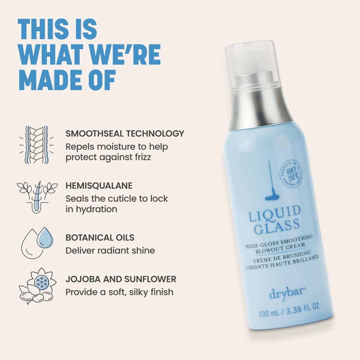Hands applying Drybar Liquid Glass cream for a sleek finish.