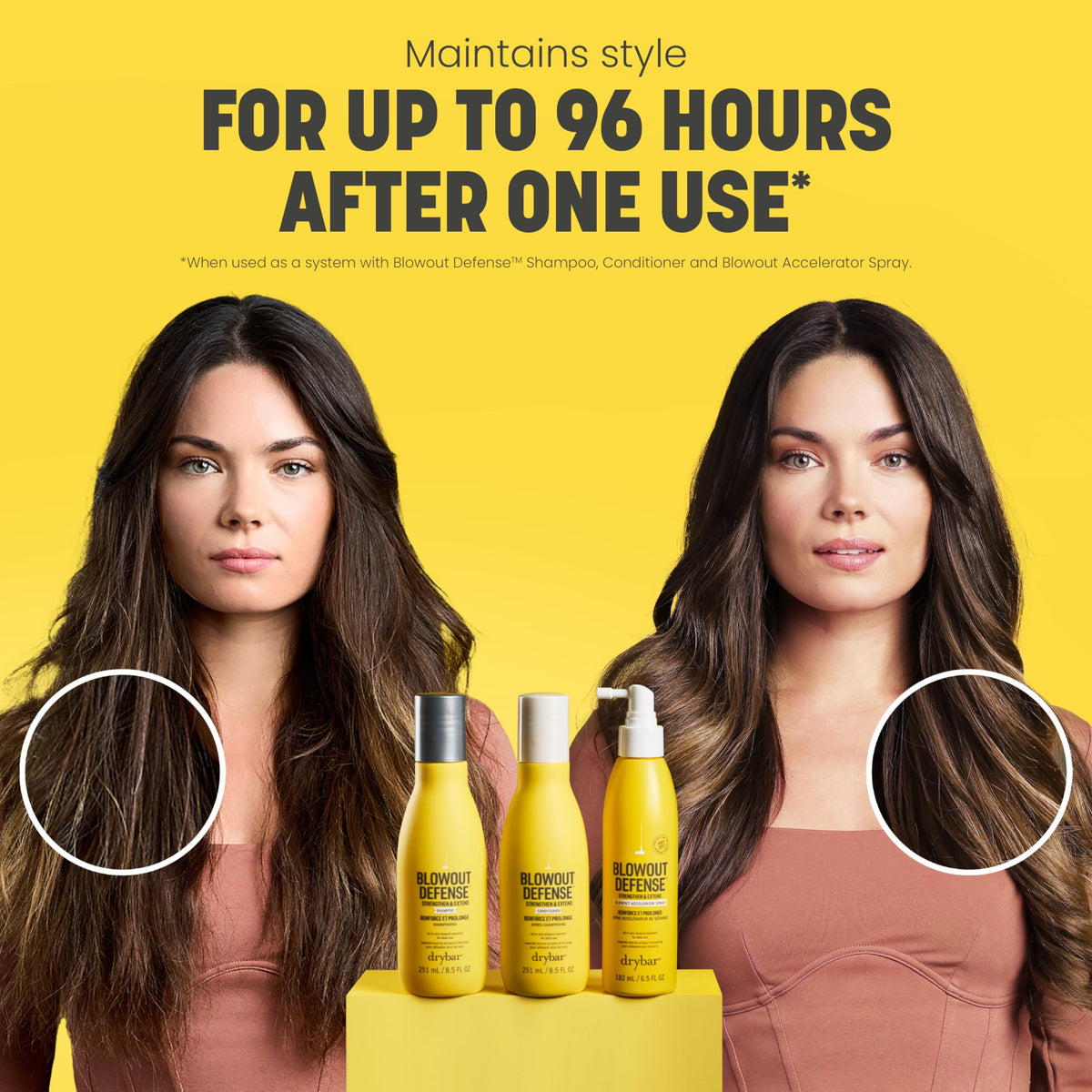 Drybar blowout-ready hair with lasting volume after application.