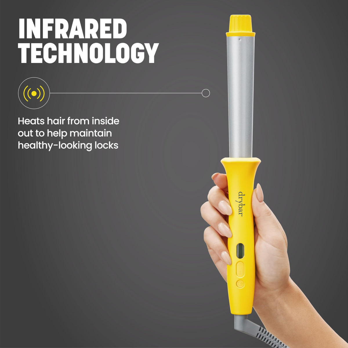 Drybar Wrap Party curling wand on hair in motion for effortless lasting curls