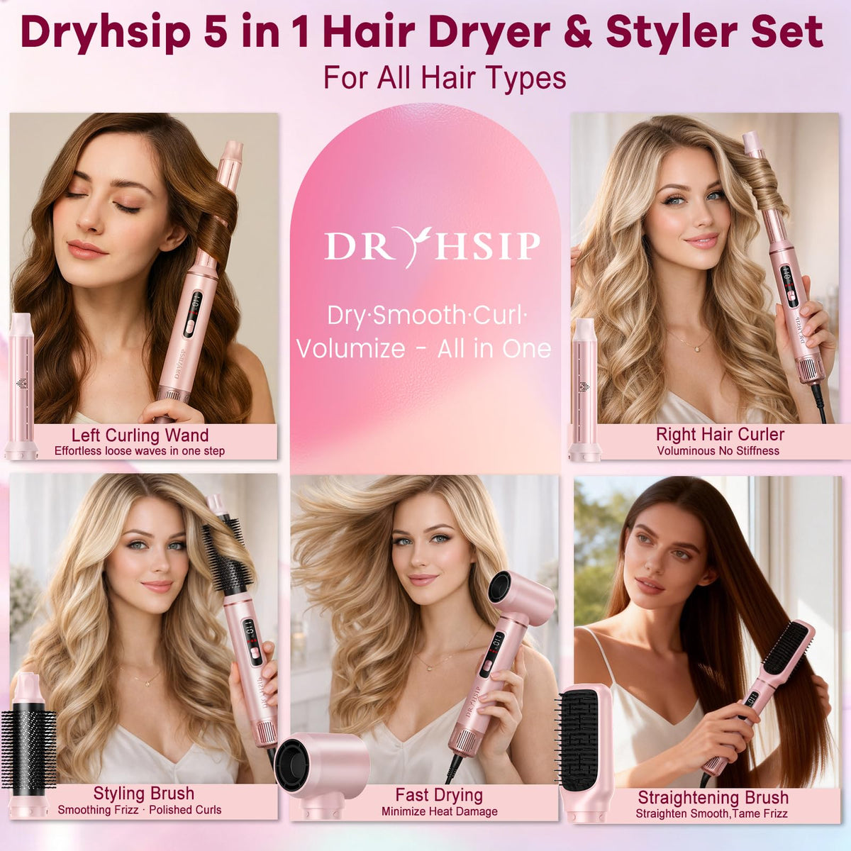 Dryhsip 5-in-1 hair styler pink curling wand for defined waves.