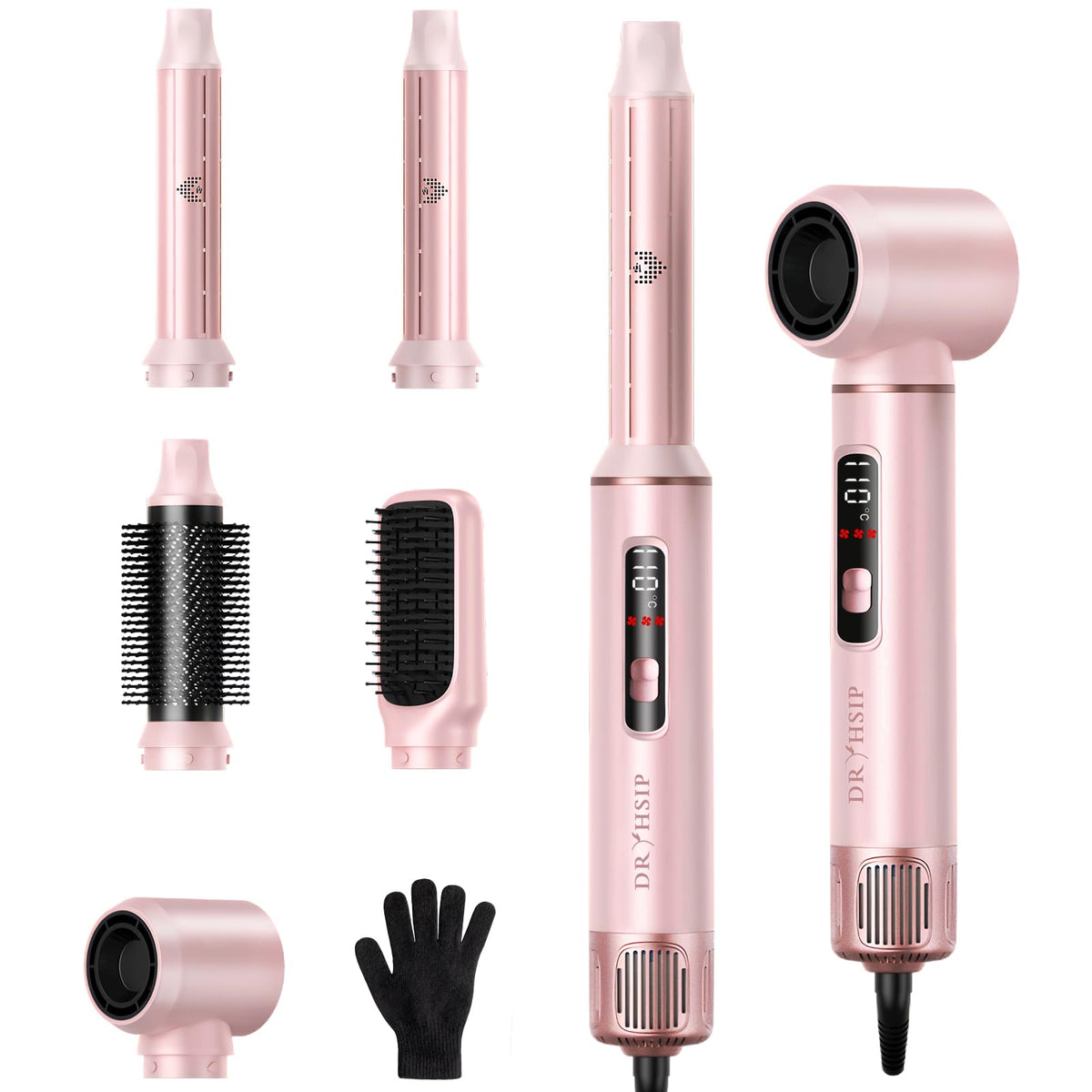 Dryhsip 5-in-1 hair styler pink drying and styling in one session.