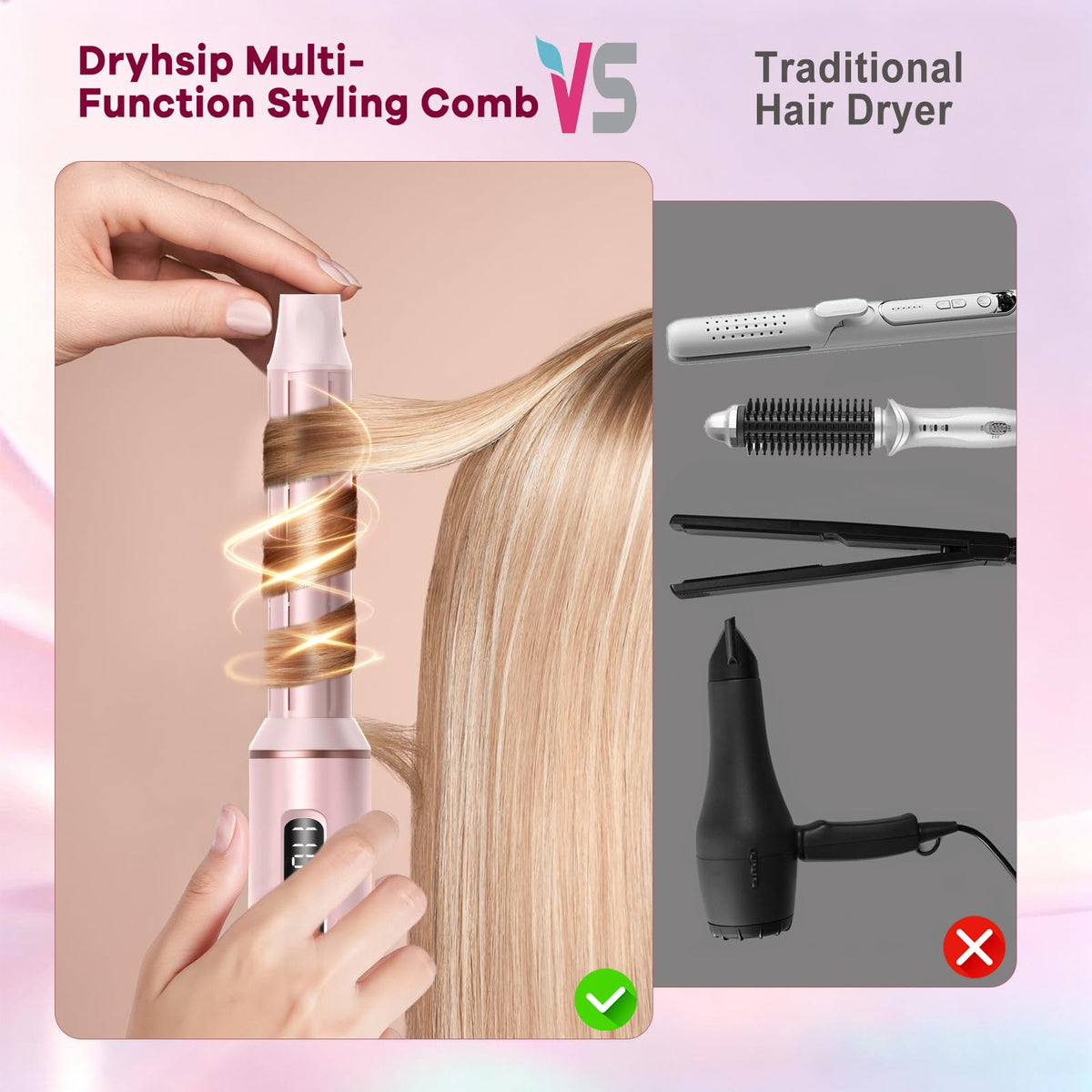 Dryhsip 5-in-1 hair styler pink low-speed airflow for gentle drying.