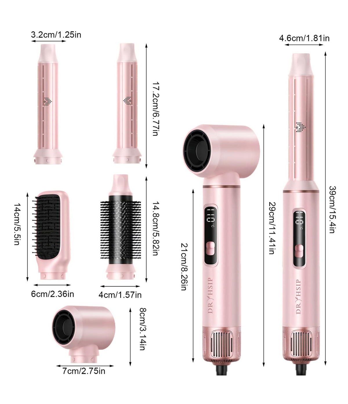 Dryhsip 5-in-1 hair styler pink travel-friendly compact design.