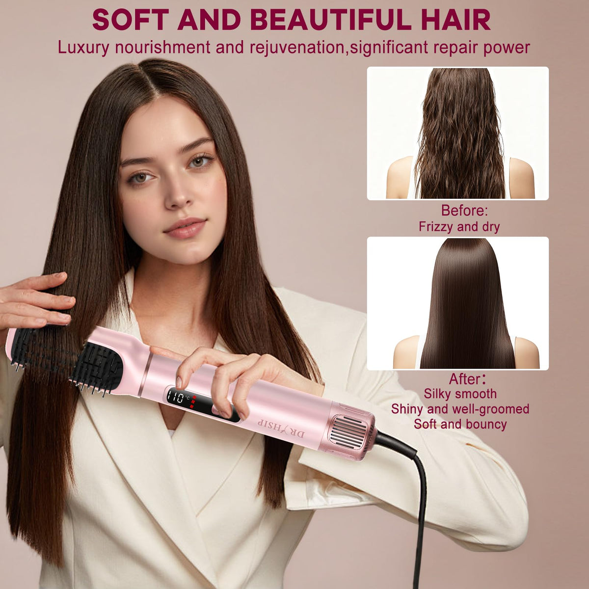 Dryhsip 5-in-1 hair styler pink volumizing brush adds lift.