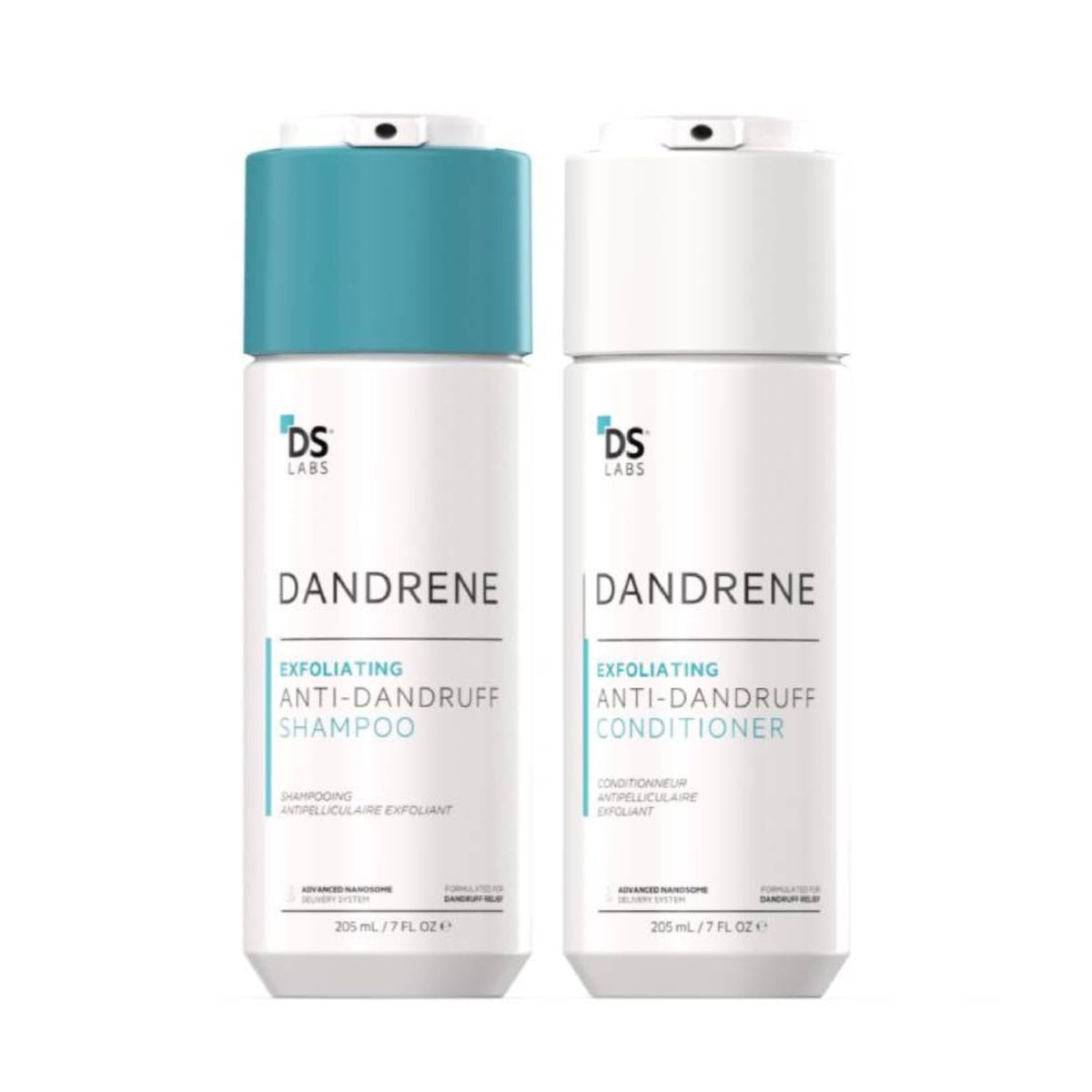 DS Labs Dandrene shampoo bottle promoting scalp relief for flakes.