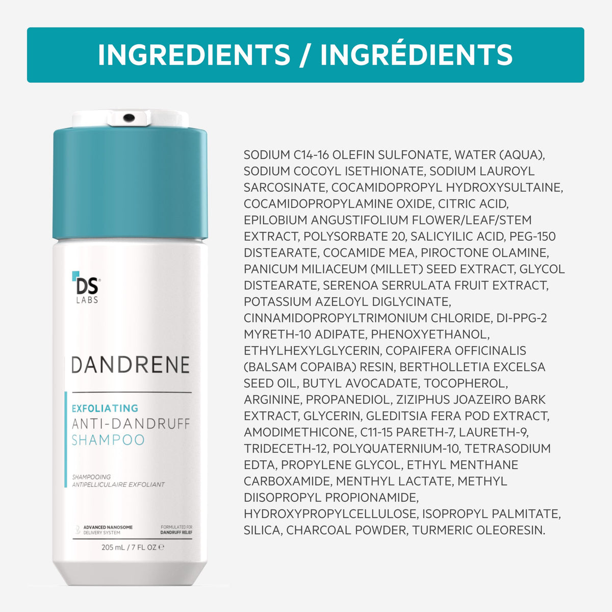 Aloe vera and keratin on DS Labs Dandrene packaging for hair nourishment.