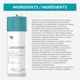 Aloe vera and keratin on DS Labs Dandrene packaging for hair nourishment.