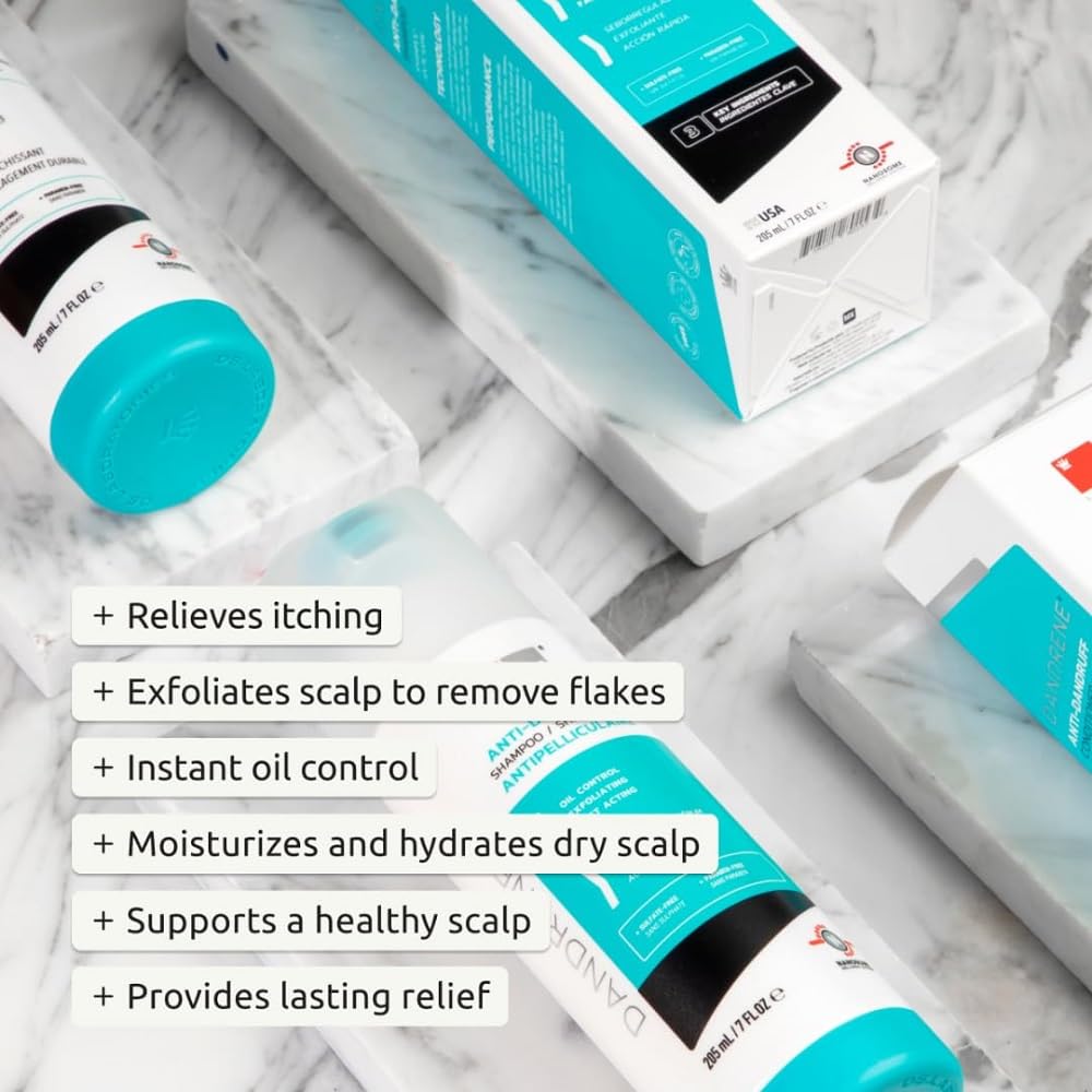 Scalp care routine image with DS Labs Dandrene for flake control.