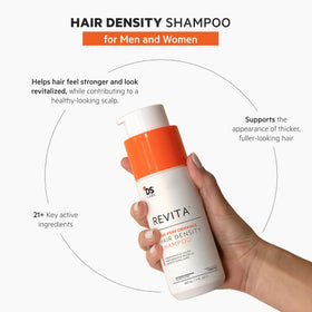 DS Laboratories Revita shampoo bottle pour closeup highlighting smooth application.