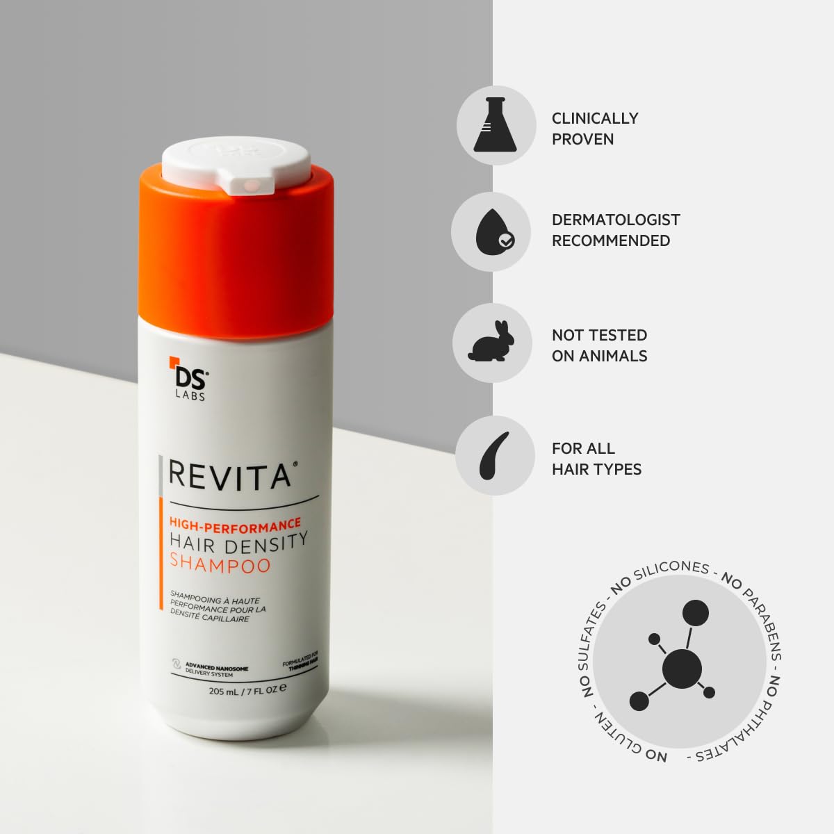 DS Laboratories Revita shampoo sulfate-free formula icon closeup noting gentle cleanse.