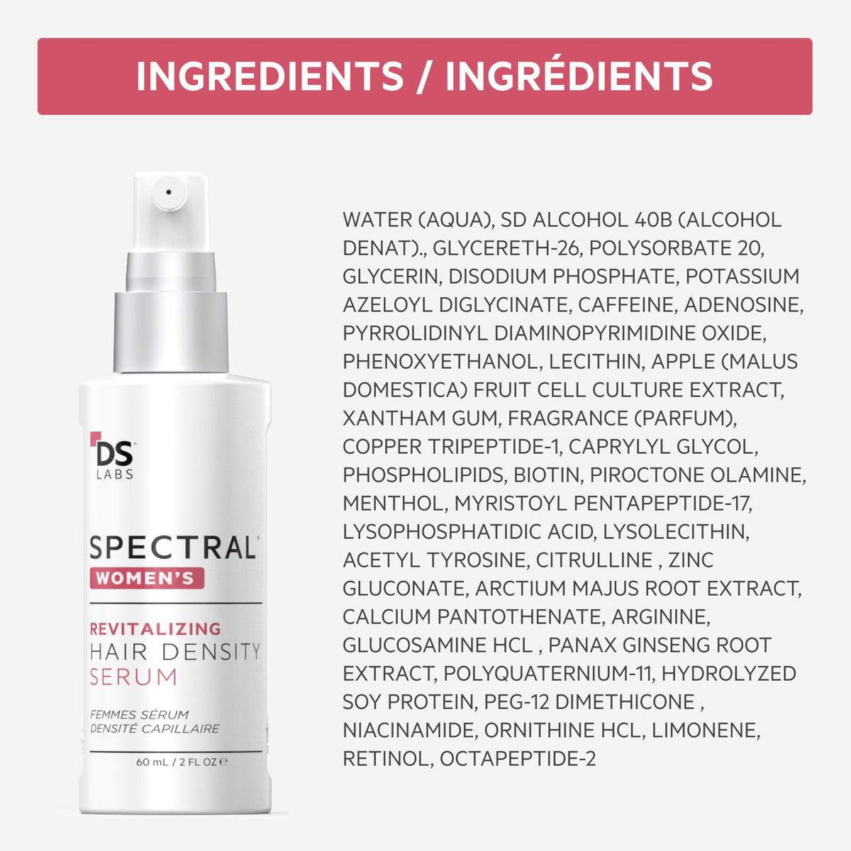 DS Laboratories Spectral Women’s Hair Density Serum 60ml bottle on shelf.
