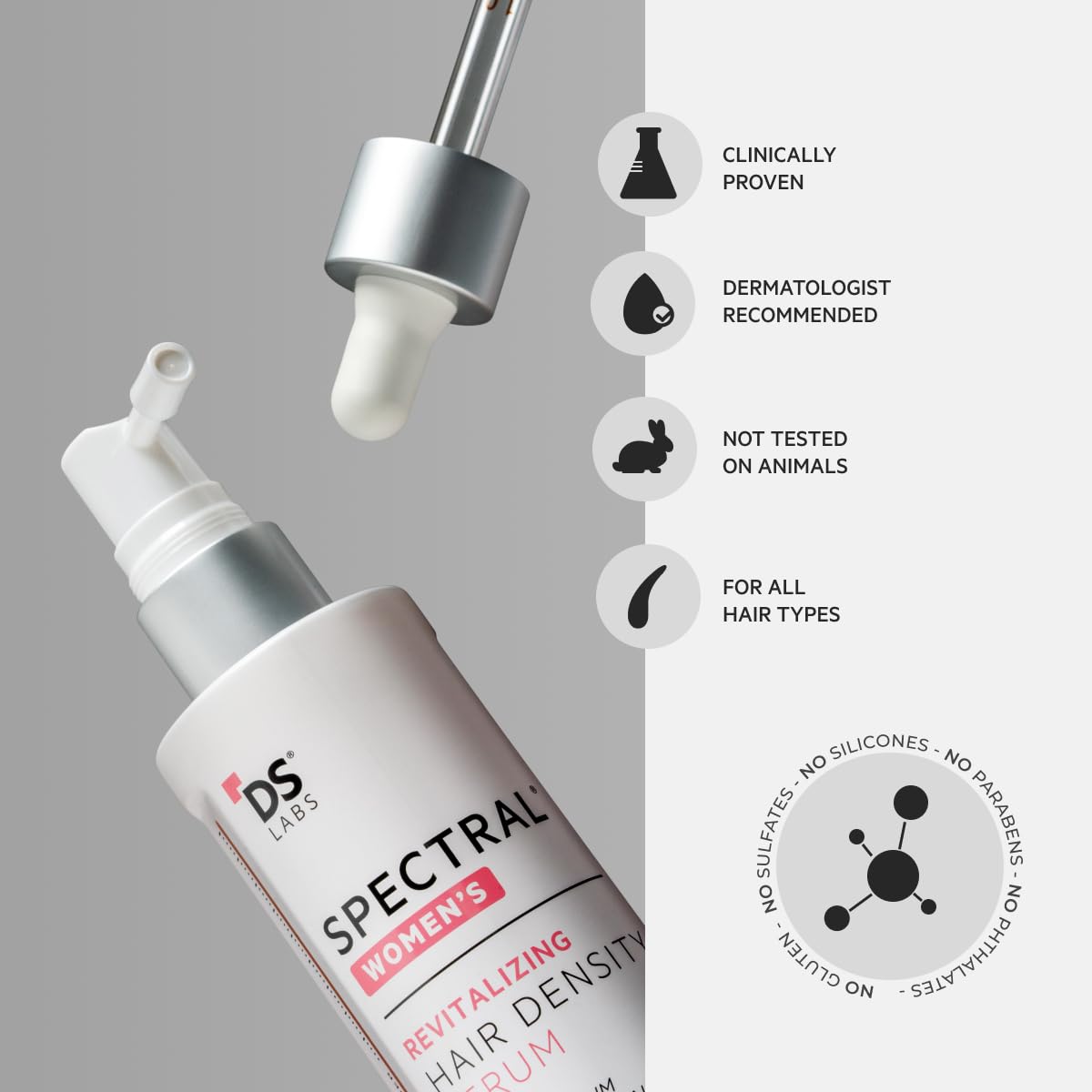 DS Laboratories Spectral Women’s Hair Density Serum dermatologist-tested label visible.