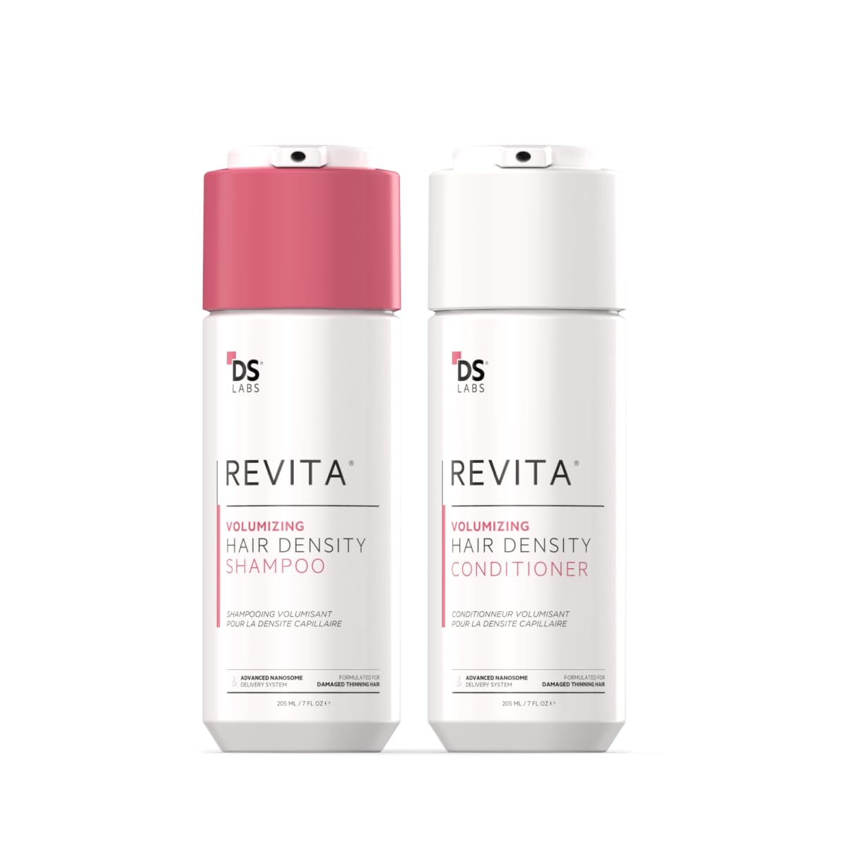 DS Laboratories Revita shampoo bottle demonstrates lightweight lift for fine hair.