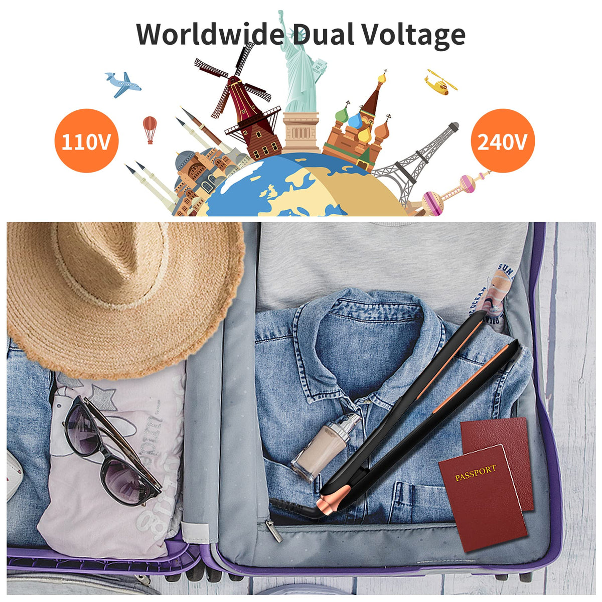 DSHOW compact iron in included pouch with swivel cord for easy packing.