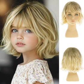 Dsimeig short wavy blonde kids wig front view ideal for daily wear