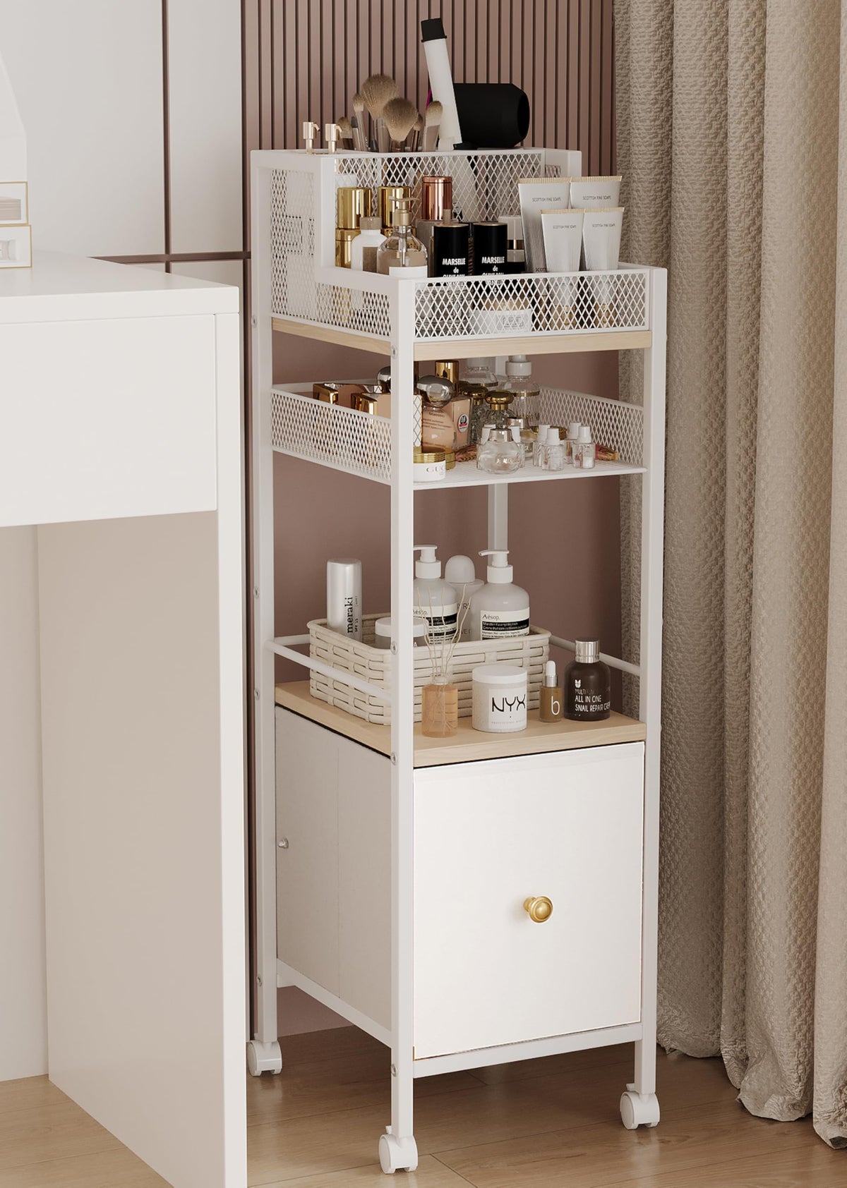 Dsmadn floor makeup organizer cart front view with accessible drawers for cosmetics and skincare.