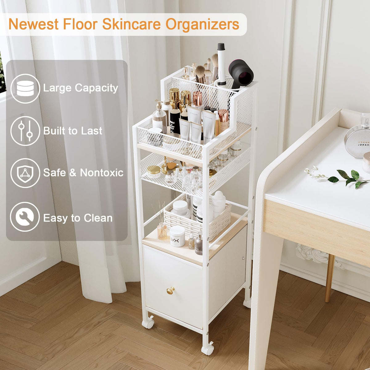 Dsmadn side view highlights slim footprint beside a vanity.