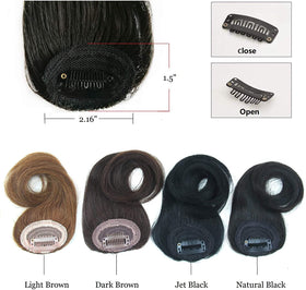 Dsoar jet black bangs provide a bold, sleek fringe.