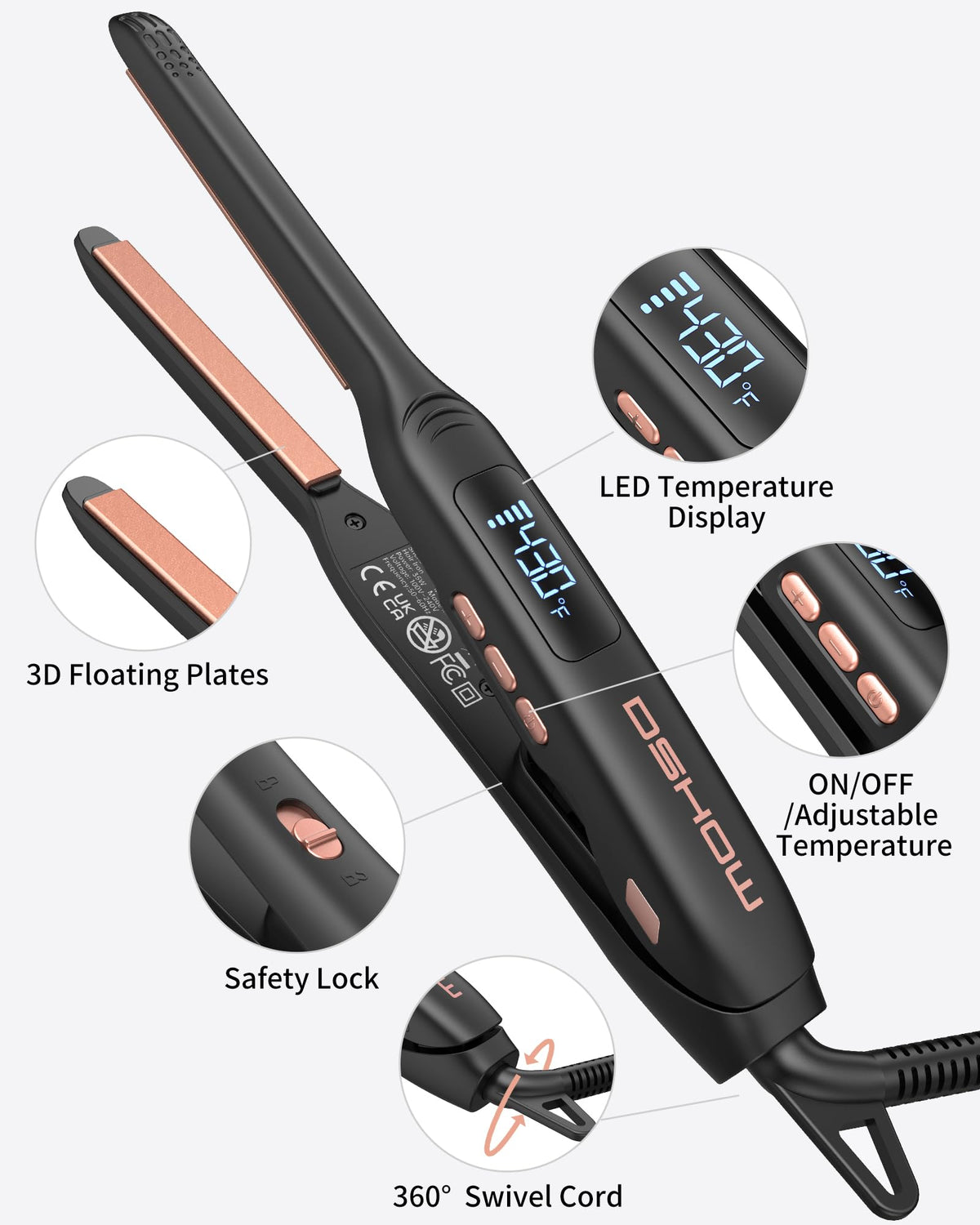DSHOW curved-handle ergonomic design provides comfortable grip during styling.
