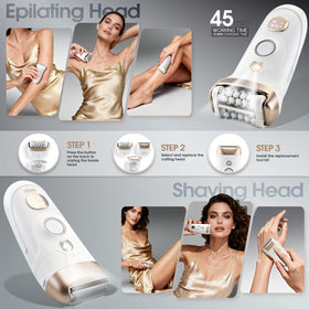 DSP shaving head close-up with stainless steel blades for smooth skin.