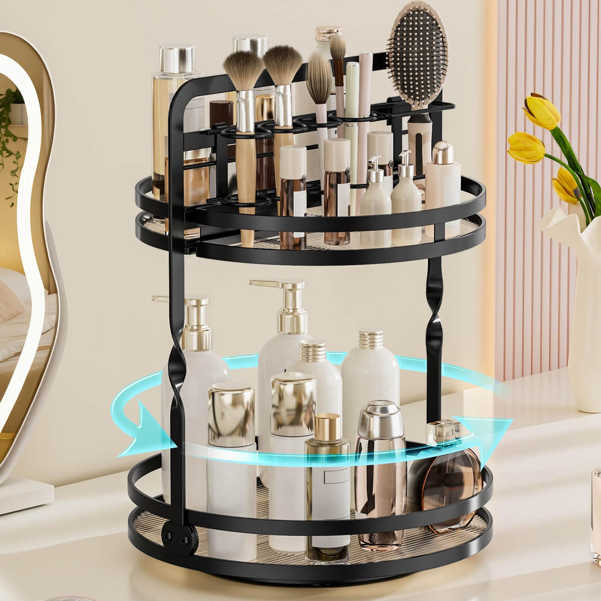 DUANFEE rotating makeup organizer with 360° tray for quick access to cosmetics