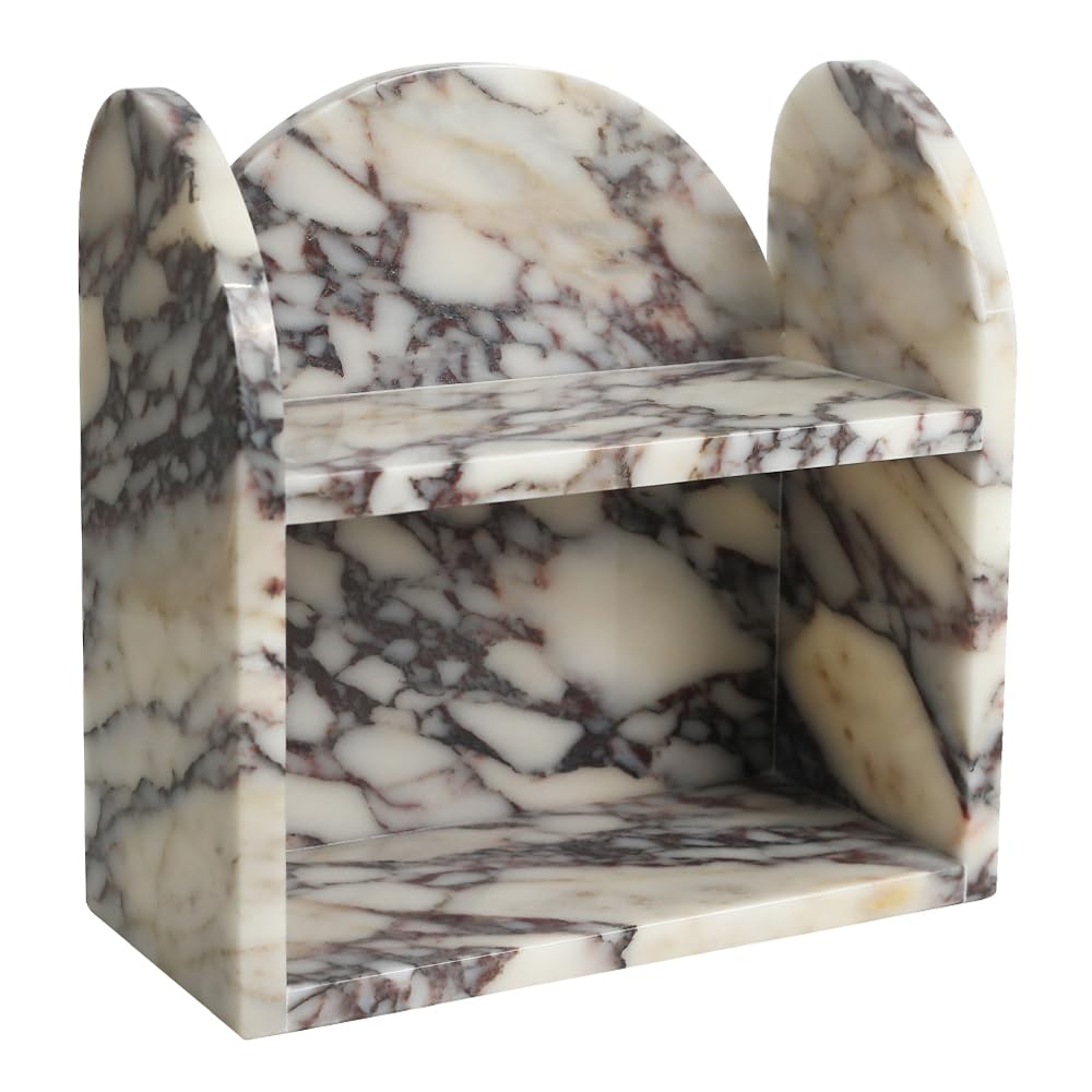 DUANYAN two-tier marble organizer keeps cosmetics neatly displayed on the vanity.